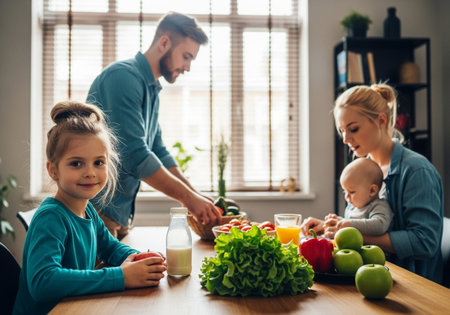 A heartwarming depiction of a family engaged in a shared activity, highlighting the importance of healthy eating and nurturing familial bonds in a cozy home environment.の素材