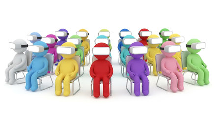 A diverse collection of brightly colored, simplified figures are seated and wearing virtual reality headsets, facing forward in unison.の素材