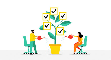An illustration depicts two individuals nurturing a plant adorned with checkmarks, representing the successful cultivation of tasks and project milestones.の素材