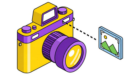 This vibrant illustration depicts a stylized camera, rendered in bright yellow and purple, actively capturing a scenic landscape featuring majestic mountains under a clear sky.の素材