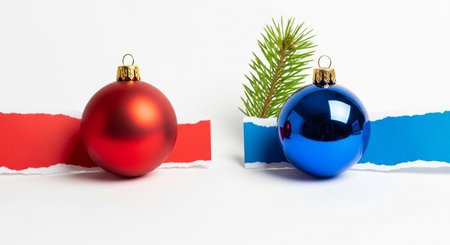 A striking visual contrast is created with a vibrant red ornament on a torn red paper strip and a shiny blue ornament with a pine sprig on blue paper.の素材