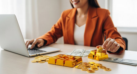 A focused woman in an orange blazer types on a laptop, surrounded by gleaming gold bars and scattered coins, signifying financial prosperity and astute investment.の素材