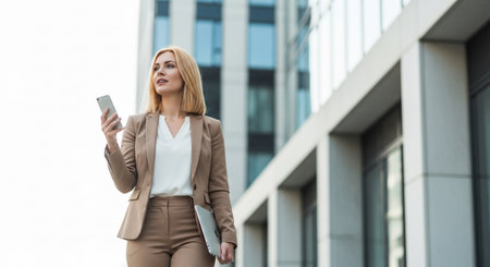 A poised businesswoman strides purposefully past a contemporary glass building, engrossed in her mobile devices while contemplating her next move.の素材
