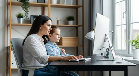 A mother and her young daughter sit side-by-side at a desk, attentively focused on a computer screen, symbolizing modern family life and shared digital experiences.の素材