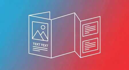 A minimalist line art illustration depicts a tri-fold brochure, showcasing its structure with placeholder text and image boxes against a vibrant gradient background.の素材