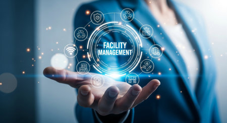 A close-up shot features a person's open palm supporting a vibrant, glowing holographic display centered on the words 'FACILITY MANAGEMENT' surrounded by various service icons.の素材