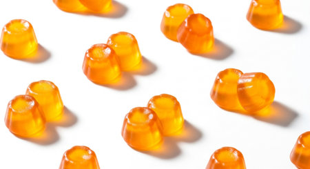 A visually appealing arrangement of translucent amber gummy candies, showcasing their unique shape and texture against a clean white backdrop, inviting a sense of sweetness.の素材