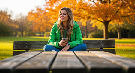 A young woman enjoys a peaceful autumn day in the park, engrossed in her smartphone while seated on a wooden bench amidst vibrant fall foliage.の素材