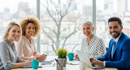 A diverse team of four professionals, two women and two men, are seated around a table in a bright office, smiling and engaged in a meeting.の素材