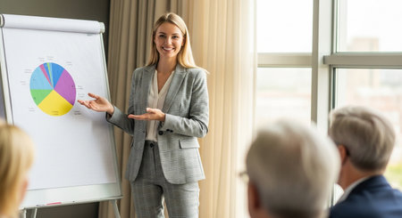 A confident businesswoman stands by a flip chart, enthusiastically explaining a colorful pie chart to attendees in a well-lit conference room, facilitating learning.の素材
