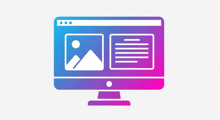 A stylized computer screen showcases a website layout, featuring an image section alongside a text block, symbolizing the creation and presentation of digital information online.の素材
