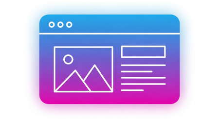 An abstract representation of a web browser window, showcasing a clean interface with distinct sections for an image and textual content, rendered in a gradient of blue and pink.の素材