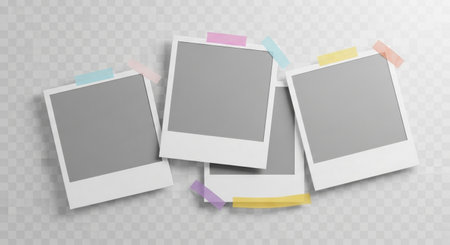 A collection of four empty instant photo frames, each attached with colorful tape, presented on a transparent background for easy integration into your designs.の素材