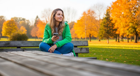 Bathed in warm autumn sunlight, a young woman with blonde hair sits cross-legged on a wooden park bench. She wears a bright green jacket and blue jeans, holding her smartphone while gazing thoughtfullの素材