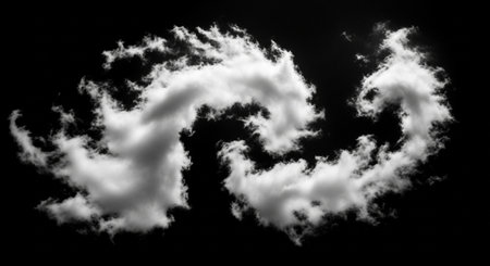 A striking image of a solitary cloud, captured against a deep black void. Its form is a dynamic swirl, evoking a sense of movement and mystery.の素材