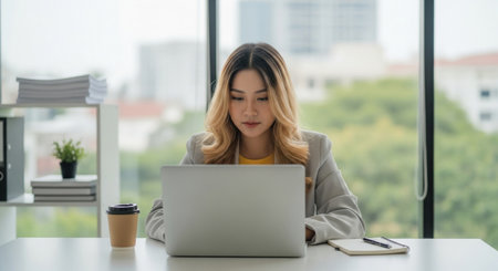 A young Asian professional is engrossed in her work on a laptop, seated at a desk in a bright, contemporary office, embodying focus and dedication.の素材