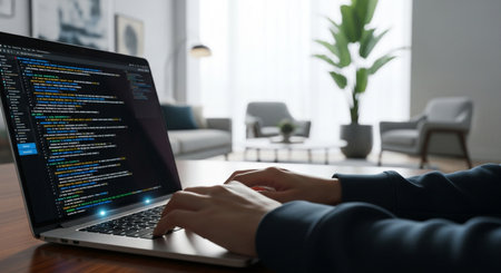 A close-up view of hands actively typing on a laptop keyboard, the screen filled with lines of code, set in a comfortable and modern living room environment.の素材