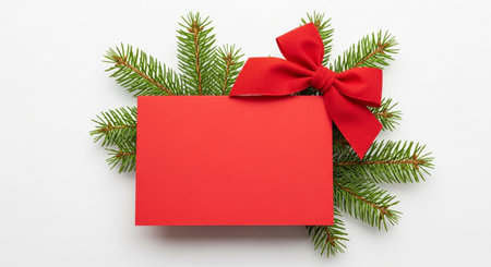 A vibrant red, blank card is adorned with a festive red bow and rests upon a lush green Christmas tree branch, isolated on a clean white background.の素材