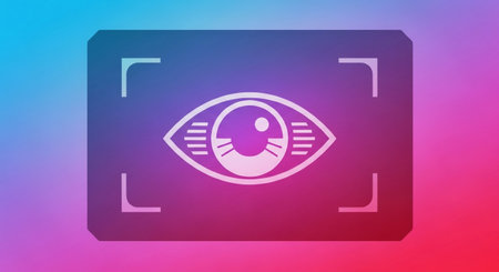 An artistic and stylized illustration features a prominent eye symbol enclosed within a digital frame, set against a vibrant gradient background, representing concepts of vision and observation.の素材