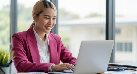 A cheerful young Asian professional woman in a vibrant pink blazer actively engages with her laptop, embodying productivity in a contemporary office environment.の素材