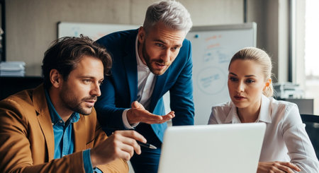 A group of three professionals, two men and one woman, are intently focused on a laptop screen during a work meeting, actively discussing and analyzing information.の素材