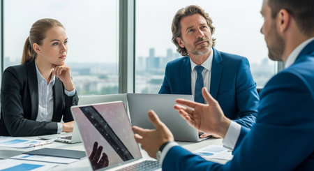 Three business professionals, two men and one woman, are engaged in a serious discussion around a table in a modern office, with laptops open and city skyline visible through the window.の素材