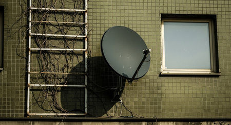 This image captures a close-up view of a satellite dish attached to a building's exterior, highlighting its technological presence against the textured tiled wall and a nearby window.の素材