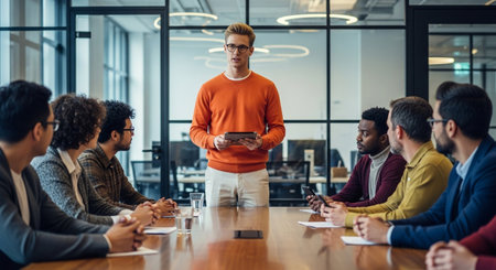 A confident presenter leads a business meeting, addressing a diverse group of colleagues seated around a large conference table.の素材