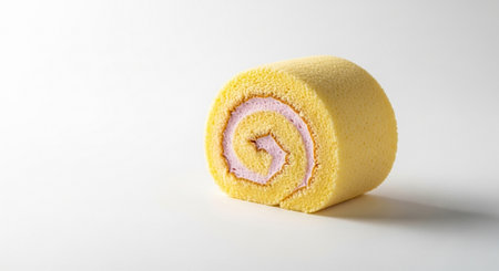 A close-up view of a delicious Swiss roll cake slice, showcasing its fluffy texture and sweet pink cream filling, perfect for a delightful dessert experience.の素材