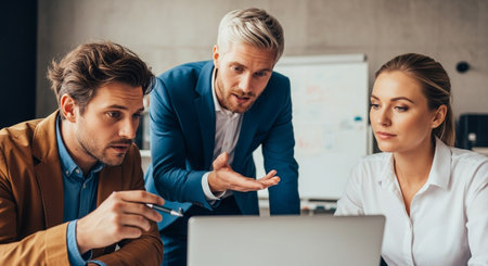 Three business professionals are gathered around a laptop, actively engaged in a collaborative discussion, with one man leading the explanation.の素材