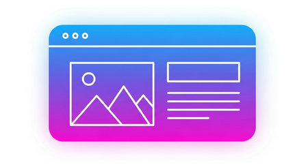 This graphic illustrates a typical website layout, featuring a prominent image area and text blocks, all within a browser window frame with a striking blue to purple gradient.の素材