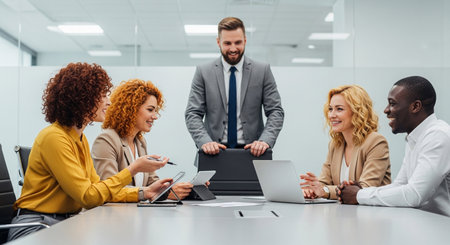 A diverse group of professionals engaged in a lively meeting around a conference table. They are actively discussing ideas, using laptops and documents, fostering collaboration.の素材