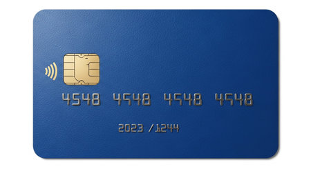 A close-up view of a vibrant blue credit card featuring a prominent EMV chip and a contactless payment symbol, signifying modern financial transactions and secure, easy purchasing options.の素材