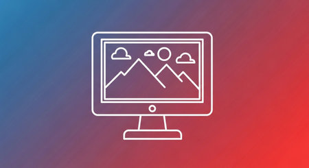 A minimalist line drawing of a computer monitor displaying a mountain landscape, set against a vibrant blue and red gradient background, symbolizing digital content.の素材