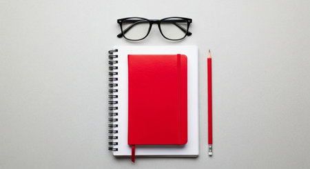 A minimalist composition featuring a pair of black glasses positioned above a white notebook, accompanied by a red notebook and a red pencil, all arranged neatly on a light surface.の素材