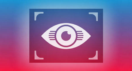 A stylized digital eye icon, featuring horizontal lines within the iris, is presented against a vibrant gradient background transitioning from blue to red, representing advanced visual technology.の素材