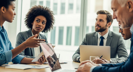 A diverse team of professionals in a modern office setting, actively engaged in a productive meeting, discussing strategies and plans with laptops and documents.の素材