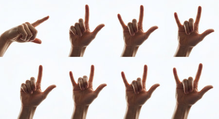 This image showcases a series of hands against a stark white background, each performing a distinct gesture. Included are the iconic 'rock on' hand sign, a pointing finger, and other expressive hand mの素材