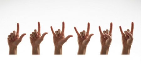 A collection of six hands, each displaying the iconic 'rock on' hand gesture, presented against a clean white background for maximum visual impact and clarity.の素材