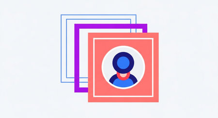A visual representation of user profiles, featuring a central profile icon within a red frame, layered behind other colorful frames, symbolizing digital identity and user accounts.の素材