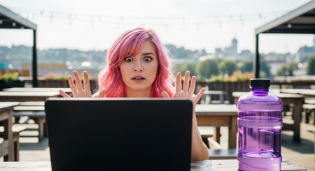 A young woman with vibrant pink hair displays a look of shock and surprise as she stares intently at her laptop screen, seated outdoors.の素材