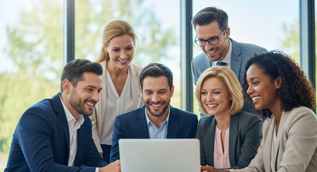 A diverse team of business professionals gathers around a laptop, actively participating in a collaborative meeting, sharing smiles and ideas.の素材