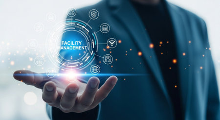A professional hand extends forward, showcasing a glowing digital network of icons symbolizing comprehensive facility management and advanced building systems.の素材