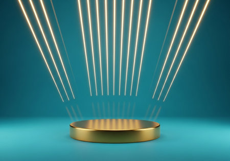 A striking 3D render features a circular golden podium as the focal point, bathed in dramatic golden light beams against a deep teal backdrop.の素材