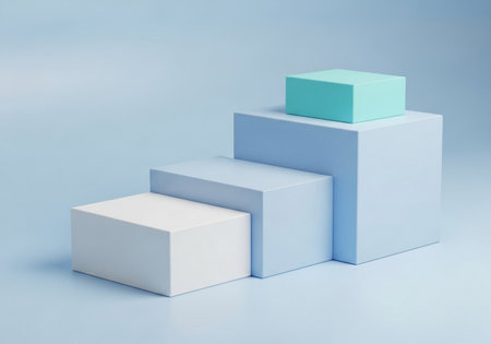 A clean, minimalist 3D render showcases three geometric cubes arranged in ascending steps, creating a sense of progress and achievement against a soft blue background.の素材