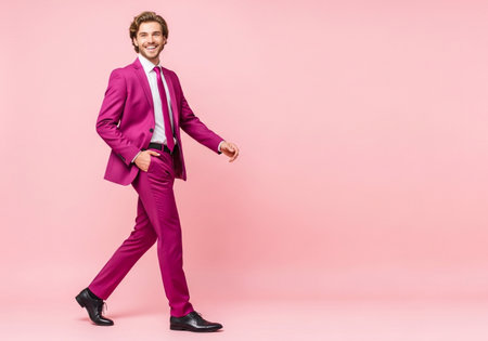 A stylish man in a bright pink suit and tie walks forward with a smile, his hand in his pocket, against a plain pink backdrop.の素材