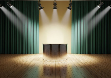 The image depicts a vacant podium bathed in a bright spotlight, set against a backdrop of rich green curtains and a polished wooden floor, evoking anticipation.の素材