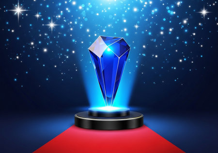A radiant blue faceted gemstone rests atop a sleek black pedestal, illuminated by a bright spotlight against a dark, star-filled sky, with a red carpet leading to it.の素材