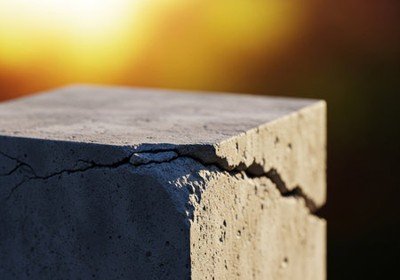 A detailed view of a concrete post exhibiting significant cracking, with the warm light of a sunset creating a dramatic backdrop, emphasizing the wear and tear.の素材