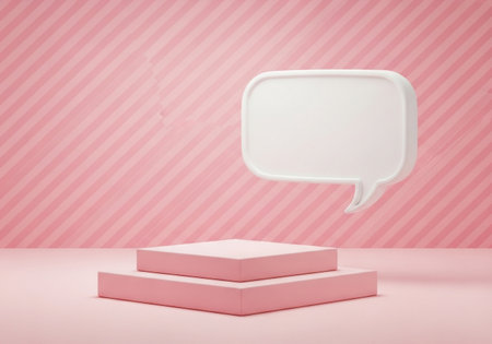 A clean and modern 3D rendering featuring a white speech bubble poised above two stacked pink podiums against a soft pink striped backdrop.の素材